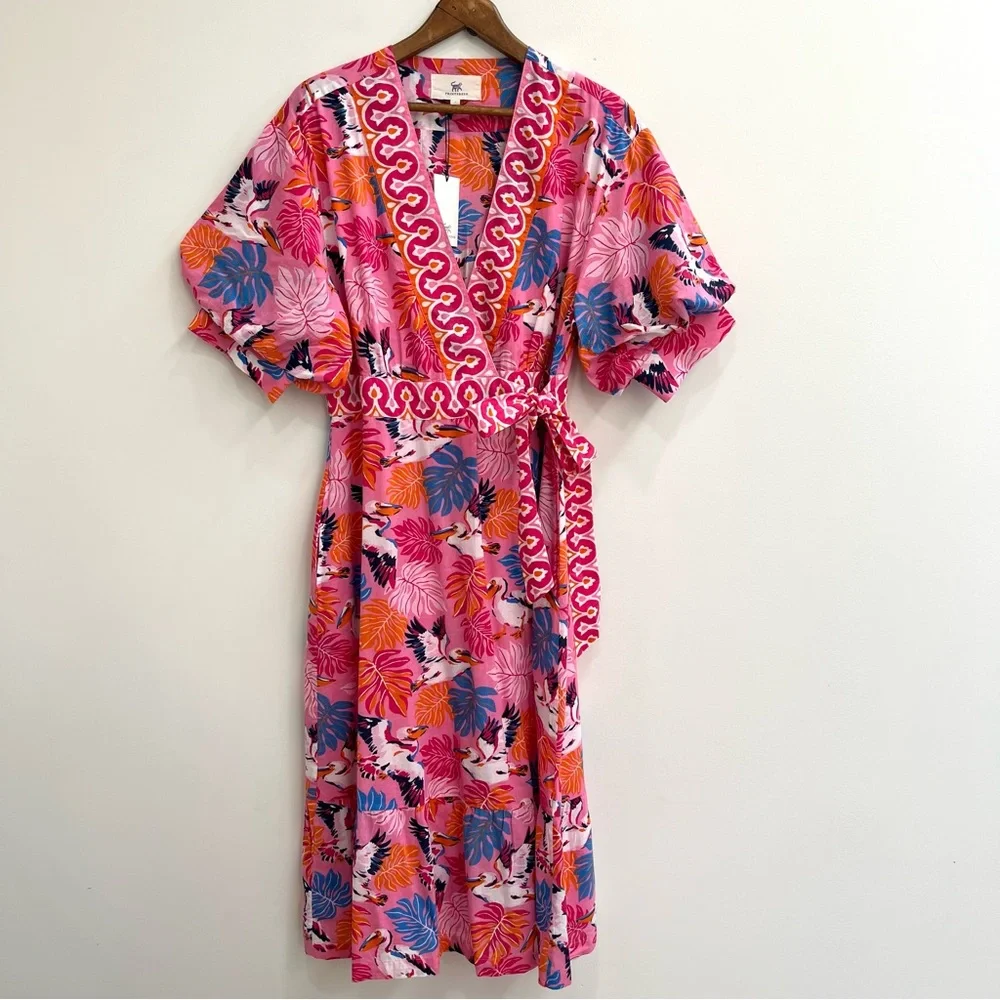 Printfresh Gabriela Midi Dress in Pelican Palms Pink Blue Wrap Style Large - Picture 3 of 16